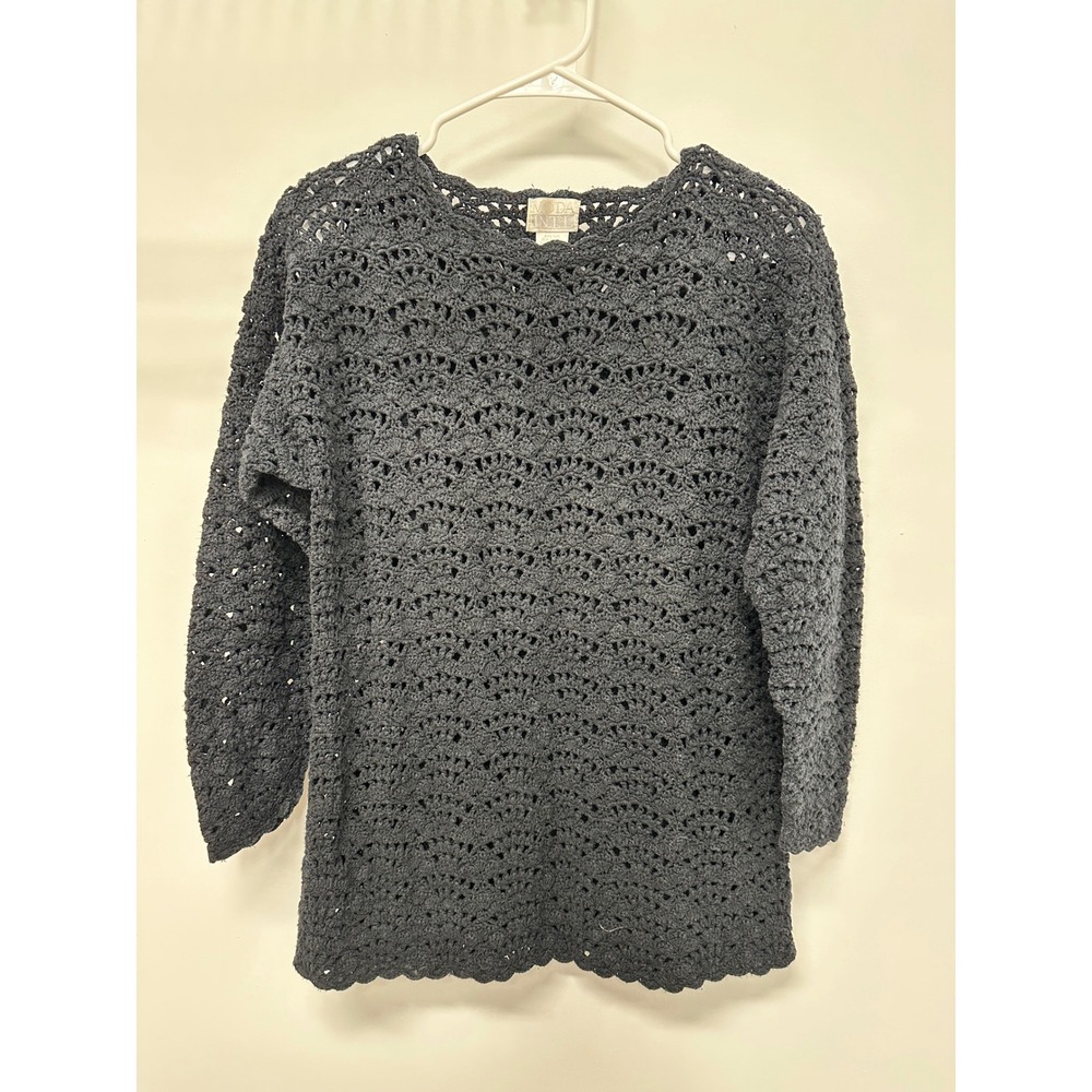 Moda International Silk Cotton Crochet Knit Sweater Black Women Small